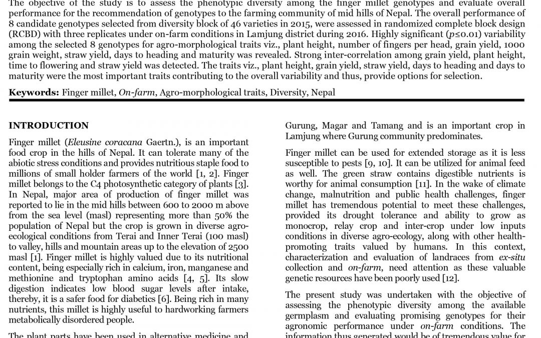 On-Farm Diversity Assessment And Evaluation Of Finger Millet Genotypes In The Mid Hills Of Nepal
