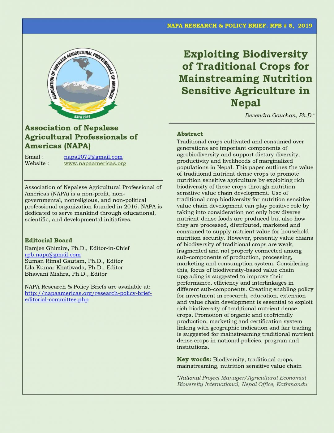Exploiting Biodiversity of Traditional Crops for Mainstreaming Nutrition Sensitive Agriculture in Nepal