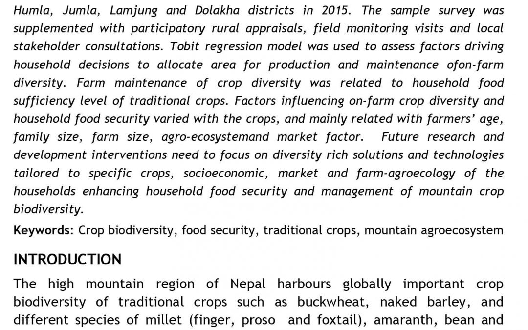 TRADITIONAL CROPS FOR HOUSEHOLD FOOD SECURITY AND FACTORS ASSOCIATED WITH ON-FARM DIVERSITY IN THE MOUNTAINS OF NEPAL